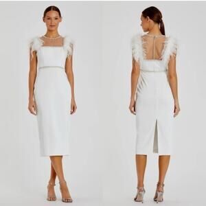 Mac Duggal 11438 White Feather Cap Sleeve Pearl Crepe Tea Length Dress Size 6